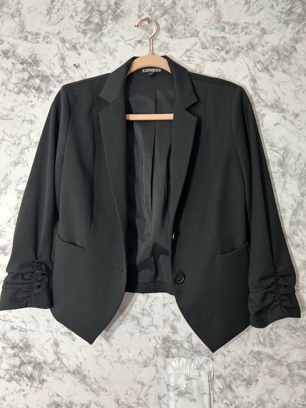 Express Black Tailored Blazer with Ruched Sleeves. 57